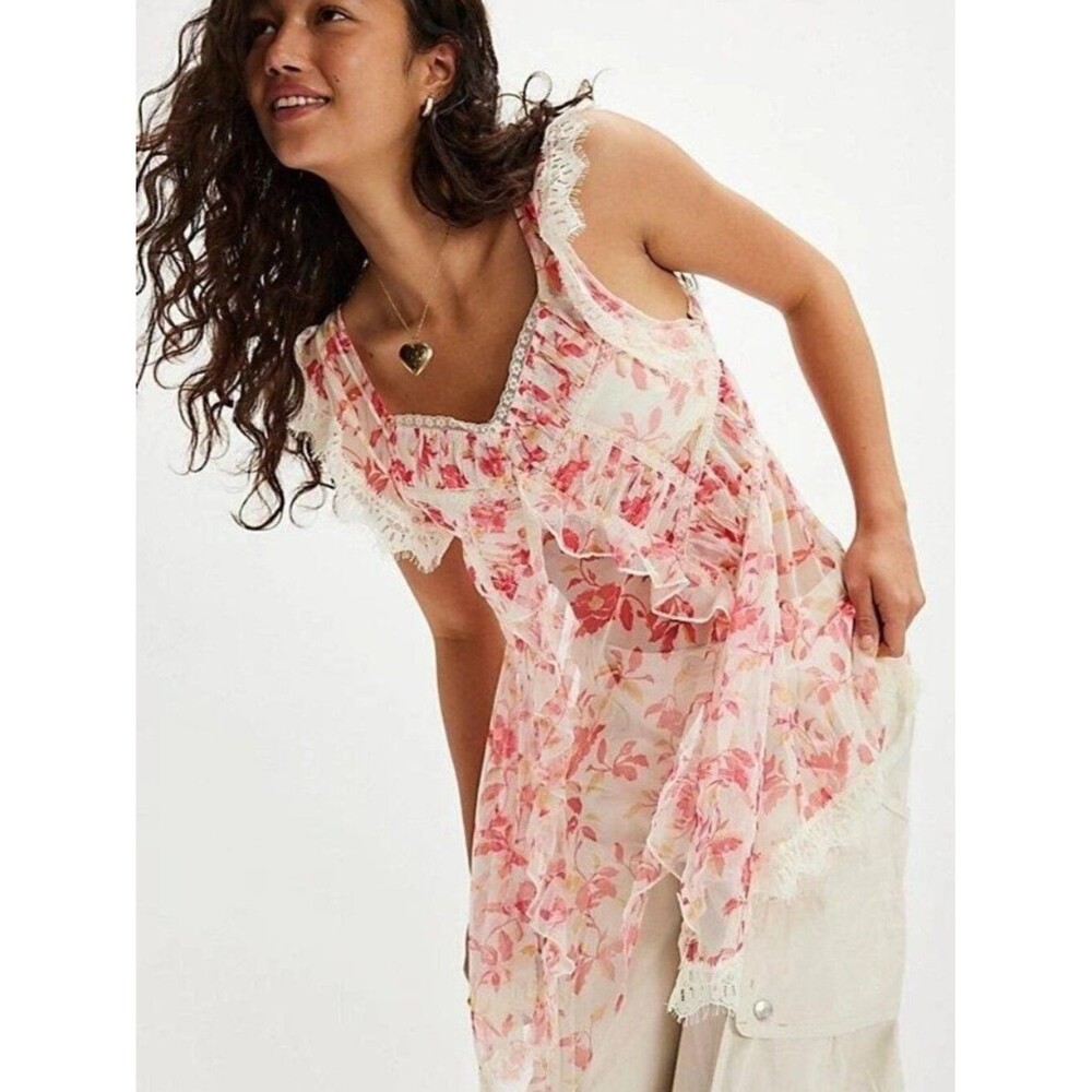 Free people Ivie Tunic Top Cascad Ruffle Floral Asymmetrical Sheer Pink L 290430